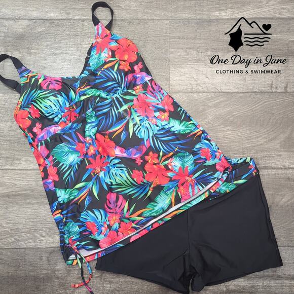 Tempt Me Cage Back Ruched Side Boy Short Tankini Swimsuit Size L - Picture 2 of 5